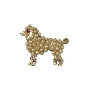 Vintage 1950s Beaded Poodle Dog Brooch Gold Tone Pearls Rhinestone Red Eye